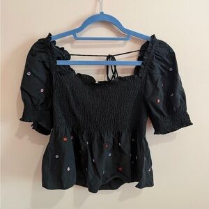 Hill House The Jewel Jammie Top Black Smocked Blouse with Colorful Embroidery